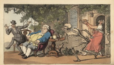 Lo scheletro della Morte arriva per Tom Higgins, un giovane muratore che è morto aspettando un piatto fuori da una locanda. Incisione a mano colorata disegnata e incisa da Thomas Rowlandson da The English Dance of Death, Ackermann, Londra da Thomas Rowlandson