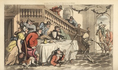 Lo scheletro della Morte arriva per un cacciatore mentre si nasconde sotto un tavolo dopo una caccia alla volpe. Incisione a mano colorata disegnata e incisa da Thomas Rowlandson da The English Dance of Death, Ackermann, Londra da Thomas Rowlandson