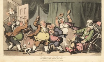 Lo scheletro della Morte arriva per un malato mentre tre medici ciarlatani litigano, e una cameriera li attacca con padelle da letto nella Guerra della Camera. Incisione colorata a mano disegnata e incisa da Thomas Rowlandson da 