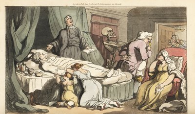 Lo scheletro della Morte viene per il dottore, mentre il prete prega sul corpo morto di un brav