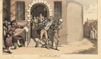 Lo scheletro della Morte libera un prigioniero dalla prigione dei debitori davanti alla sua famiglia sconvolta. da Thomas Rowlandson