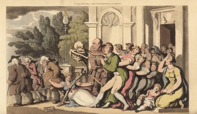 Lo scheletro della Morte afferra un padre per il colletto, mentre sua moglie e i suoi figli cercano disperatamente di salvarlo. Incisione a mano colorata disegnata e incisa da Thomas Rowlandson da The English Dance of Death da Thomas Rowlandson