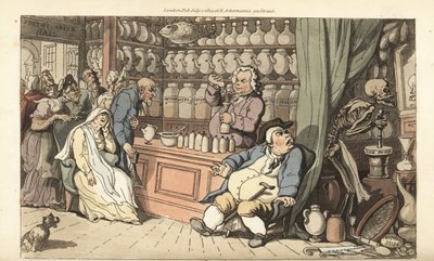 Lo scheletro della Morte macina veleno lento nel negozio del ciarlatano, mentre il ciarlatano versa un rimedio fatale in una bottiglia da Thomas Rowlandson
