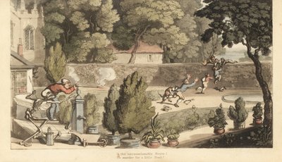 Lo scheletro della Morte aiuta un proprietario terriero a prendere la mira con un moschetto contro ragazzi che cacciano di frodo nel suo giardino cercando di fuggire oltre un muro. Incisione a mano colorata su rame disegnata e incisa da Thomas Rowlandson d da Thomas Rowlandson