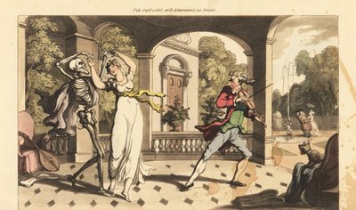 Lo scheletro della Morte in un mantello danza un ultimo valzer con la fragile Caelia, mentre il suo maestro di danza guarda inorridito. Incisione colorata a mano disegnata e incisa da Thomas Rowlandson da 