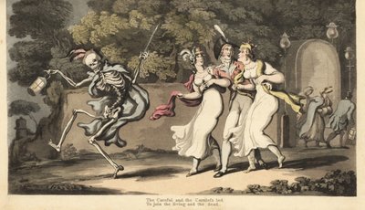 Lo scheletro della Morte in mantello e cappello danza con una lanterna davanti a un dandy in uniforme e due bellezze in abiti di mussola e scialli. Il negligente e il prudente. Incisione colorata a mano disegnata e incisa da Thomas Rowlandson da 