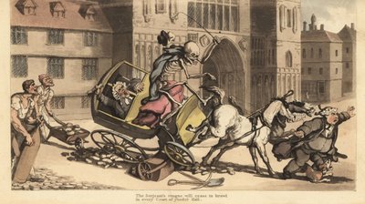 Lo scheletro della Morte in mantello e cappello guida una carrozza a due cavalli che si schianta contro lavori stradali uccidendo il suo passeggero, un ufficiale di corte. Incisione a mano colorata su rame disegnata e incisa da Thomas Rowlandson da The Eng da Thomas Rowlandson