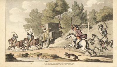 Lo scheletro della Morte si unisce a un padre irato mentre cerca di fermare la sua unica figlia che fugge con un soldato in una carrozza per Gretna Green da Thomas Rowlandson