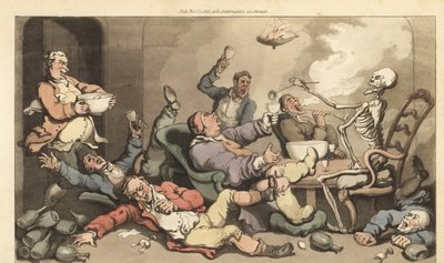 Lo scheletro della Morte versa punch in un bicchiere di un Toastmaster con la gotta a una festa di bevute georgiana. Incisione colorata a mano disegnata e incisa da Thomas Rowlandson da The English Dance of Death, Ackermann, Londra da Thomas Rowlandson