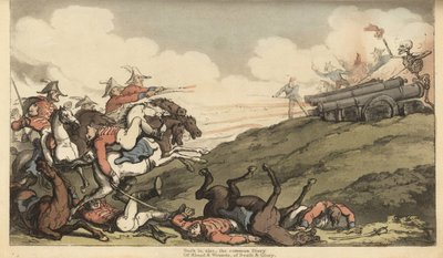 Lo scheletro della Morte lancia una raffica di fuoco di cannone contro una carica di cavalleria inglese. Incisione colorata a mano disegnata e incisa da Thomas Rowlandson da The English Dance of Death, Ackermann, Londra da Thomas Rowlandson