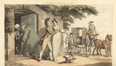 Lo scheletro della Morte conduce un vecchio in un mausoleo, lasciando la sua giovane vedova libera di risposarsi. Incisione colorata a mano disegnata e incisa da Thomas Rowlandson da The English Dance of Death, Ackermann, Londra da Thomas Rowlandson