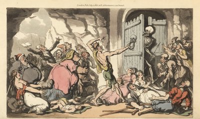Lo scheletro della Morte guarda fuori dalla porta della morte, per vedere la folla di obesi, zoppi, storpi, vecchi e pazzi in attesa di liberazione dai tormenti della vita. Incisione a mano colorata disegnata e incisa da Thomas Rowlandson da The English Da da Thomas Rowlandson