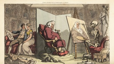 Lo scheletro della Morte dipinge un ritratto di un Alderman, mentre la sua giovane serva flirta con un artista galante dietro lo schermo da Thomas Rowlandson