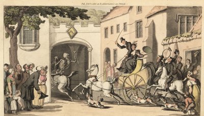 Lo scheletro della Morte cavalca davanti a un tandem alto portando il prossimo erede alla sua rovina sotto un arco basso da Thomas Rowlandson
