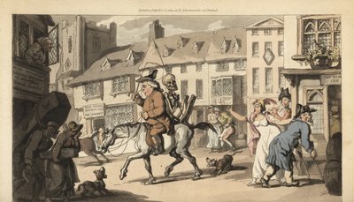 Lo scheletro della Morte cavalca un cavallo con un ciarlatano, mentre solo il becchino del villaggio lamenta la sua morte da Thomas Rowlandson