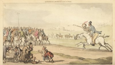 Lo scheletro della Morte cavalca con un uomo verso il traguardo di una pista da corsa, mentre i bambini giocano a lotto. Incisione colorata a mano disegnata e incisa da Thomas Rowlandson da 