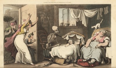 Lo scheletro della Morte culla un bambino mentre la tata dorme e la madre sconvolta arriva a casa. Incisione colorata a mano disegnata e incisa da Thomas Rowlandson da The English Dance of Death, Ackermann, Londra da Thomas Rowlandson