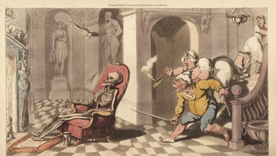 Lo scheletro della Morte siede sulla sedia del portiere di una grande casa, mentre i servi terrorizzati scendono le scale per indagare da Thomas Rowlandson