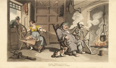 Lo scheletro della Morte fuma una pipa accanto al focolare con il vecchio Gaffer Goodman, mentre la sua giovane moglie viene sedotta da un corteggiatore alla finestra. Incisione colorata a mano disegnata e incisa da Thomas Rowlandson da 