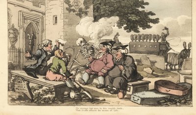 Lo scheletro della Morte fuma una pipa su una lapide con uomini che traggono profitto dalla morte - sacerdote, becchino, impresario di pompe funebri, campanaro, conducente di carro funebre e avvocato. Il dibattito nel cimitero. Incisione colorata a mano di da Thomas Rowlandson