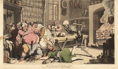 Lo scheletro della Morte trafigge un cuoco grasso con uno spiedo che tiene un pollo arrosto. Incisione a mano colorata disegnata e incisa da Thomas Rowlandson da The English Dance of Death da Thomas Rowlandson