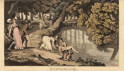 Lo scheletro della Morte prende la madre mentre assiste al recupero del corpo senza vita del figlio da un lago. Incisione colorata a mano disegnata e incisa da Thomas Rowlandson da The English Dance of Death, Ackermann, Londra da Thomas Rowlandson