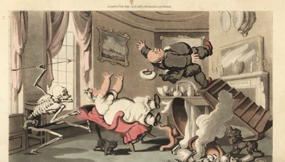 Lo scheletro della Morte lancia il suo dardo a un uomo mentre cade da una scala mentre carica un orologio sopra il camino. Cade sulla moglie seduta su una sedia. Incisione colorata a mano disegnata e incisa da Thomas Rowlandson da The English Dance of Deat da Thomas Rowlandson