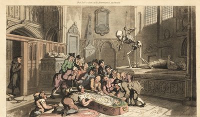 Lo scheletro della Morte osserva gli antiquari esumare il cadavere di un re da una cripta in una chiesa. Incisione colorata a mano disegnata e incisa da Thomas Rowlandson da 