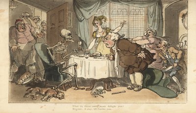 Lo scheletro della Morte con dardo e clessidra arriva per il goloso mentre banchetta. Incisione colorata a mano disegnata e incisa da Thomas Rowlandson da 