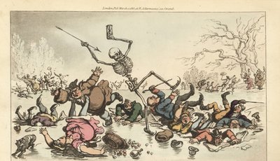 Lo scheletro della Morte con dardo e clessidra pattina su uno stagno ghiacciato mentre altri pattinatori cadono attraverso il ghiaccio rotto. Incisione a mano colorata su rame disegnata e incisa da Thomas Rowlandson da The English Dance of Death, Ackermann da Thomas Rowlandson