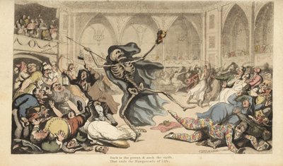 Lo scheletro della Morte con la sua freccia provoca una rivolta tra gli arlecchini, i fantini, le suore, i turchi e i folli a un ballo in maschera da Thomas Rowlandson