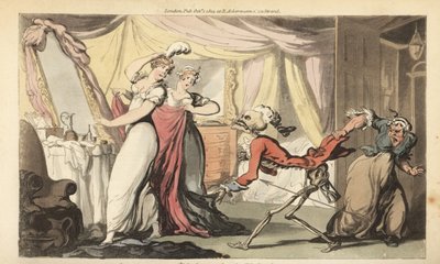 Lo scheletro della Morte con la sua clessidra viene per una bella civetta nella sua camera da letto mentre è vestita per un ballo dai suoi servi. La Morte è vestita con abito e parrucca come un pretendente da Thomas Rowlandson