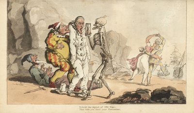 Lo scheletro della Morte con clessidra e dardo arriva per un Pierrot e altri clown, mentre un arlecchino danza con una donna su una spiaggia. Incisione colorata a mano disegnata e incisa da Thomas Rowlandson da The English Dance of Death, Ackermann, Londra da Thomas Rowlandson