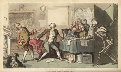 Lo scheletro della Morte sorprende lo statista nel suo ufficio con la sua corona e il dardo emergendo da dietro uno schermo. Incisione colorata a mano disegnata e incisa da Thomas Rowlandson da 