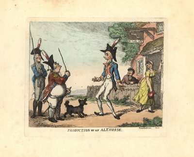 Tre soldati in uniforme che sfilano fuori da una taverna da Thomas Rowlandson