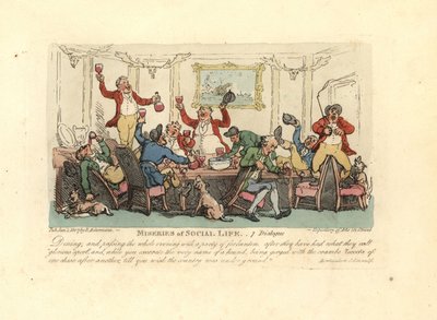 Uomo stanco e ubriaco a una cena rumorosa con cacciatori di volpi da Thomas Rowlandson