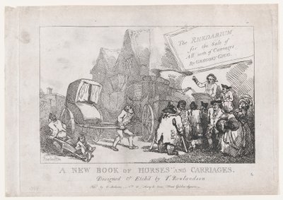 Pagina del titolo: Un nuovo libro di cavalli e carrozze, o, Il Rhedarium per la vendita di tutti i tipi... da Thomas Rowlandson