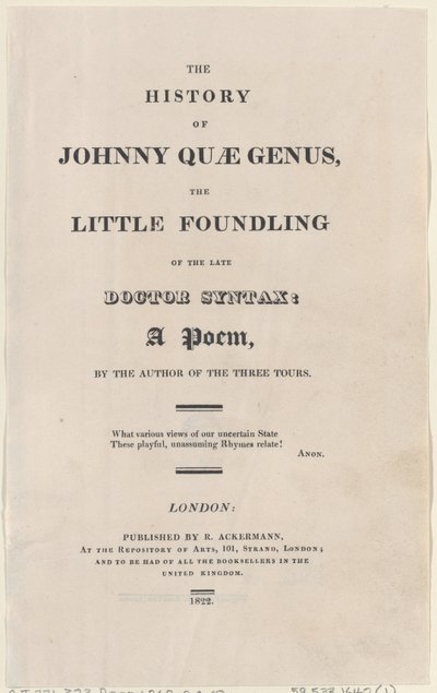 Pagina del titolo, da The History of Johnny Quae Genus, The Little Foundling of the Late Doctor da Thomas Rowlandson