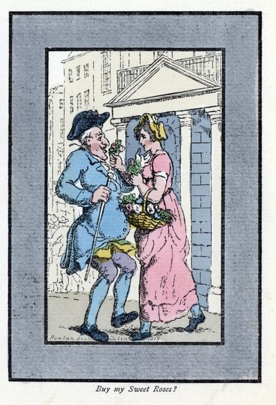 Venditore di fiori ambulante, che si avvicina a un gentiluomo sorridente con un piccolo mazzo di rose (1819). Incisione su legno, basata su un dipinto di Thomas Rowlandson (1756-1827), pubblicata in The Cries of London da Thomas Rowlandson