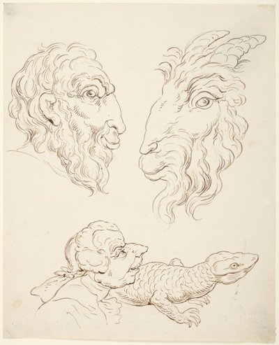 Due caricature: uomo e capra, uomo e lucertola da Thomas Rowlandson