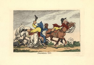 Due uomini che cadono dai loro cavalli dopo aver fatto i gradassi da Thomas Rowlandson