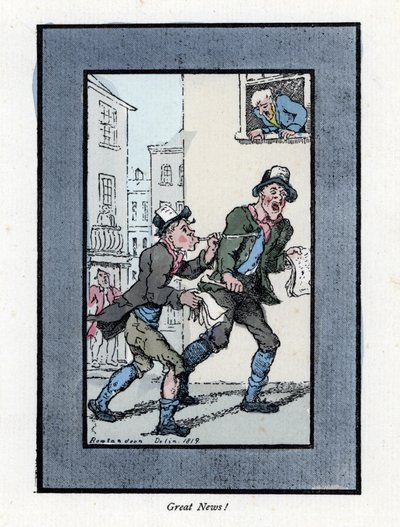 Due venditori di giornali con lunghi fischietti che vendono giornali in una strada di Londra. Incisione su legno, basata su un dipinto di Thomas Rowlandson (1756-1827), pubblicata in The Cris of London: con sei bambini affascinanti e quasi 40 illustrazioni da Thomas Rowlandson