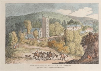 Veduta della chiesa e del villaggio di St. Cue, Cornovaglia, da Vedute in Cornovaglia, A..., 12 aprile 1812 da Thomas Rowlandson