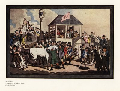Pesatura di un fantino su una bilancia in un ippodromo da Thomas Rowlandson