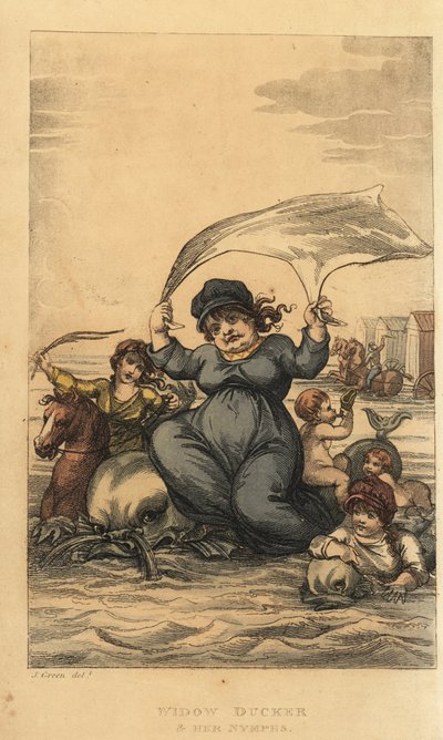 Vedova Ducker e le sue ninfe. Donne e bambini che fanno il bagno nel mare con delfini e macchine da bagno. Incisione a mano colorata di Thomas Rowlandson dopo uno schizzo di J. Green da Poetical Sketches of Scarborough, Ackermann, Londra da Thomas Rowlandson