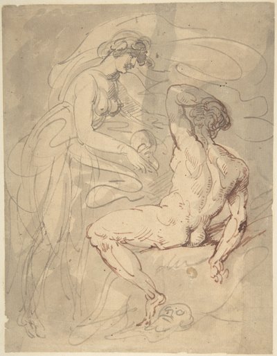 Donna che parla con un uomo nudo seduto da Thomas Rowlandson