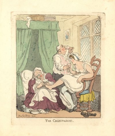 Donna che si fa trattare dolorosamente i piedi da un podologo da Thomas Rowlandson