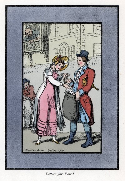 Donna che paga e mette una lettera in una borsa portata da un impiegato della Royal Post Office britannica (incisione su legno, basata su un dipinto di Thomas Rowlandson) da Thomas Rowlandson