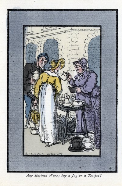 Donna che vende brocche, teiere e ciotole ad un angolo di strada. Una giovane donna elegante guarda la merce da Thomas Rowlandson