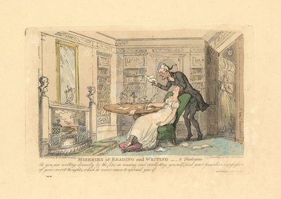 Donna che dorme a una scrivania mentre un uomo legge i suoi pensieri segreti da Thomas Rowlandson